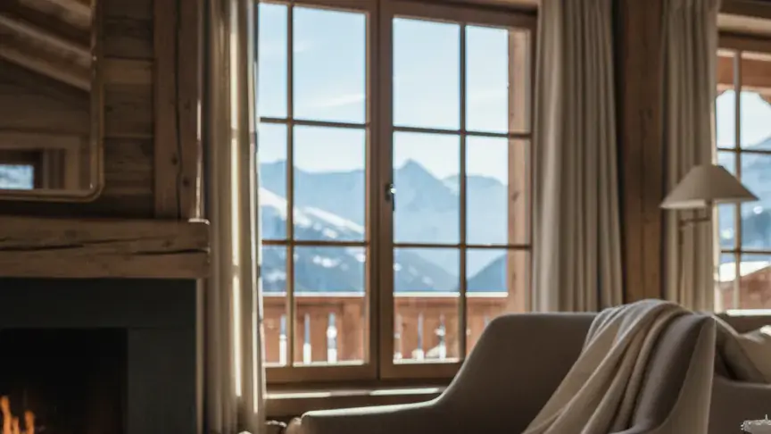 An alpine chalet interior with an open fire