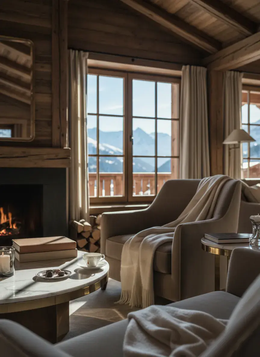 An alpine chalet interior with an open fire