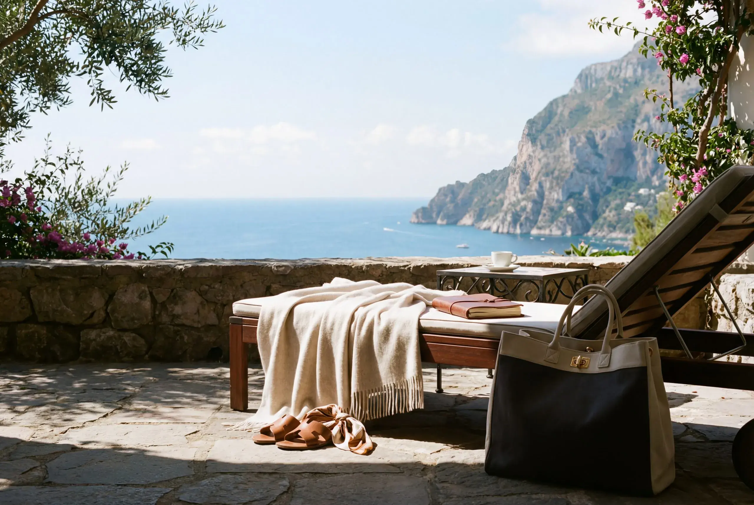A sunlit stone terrace above the coastline set with linen throws and a reading chair